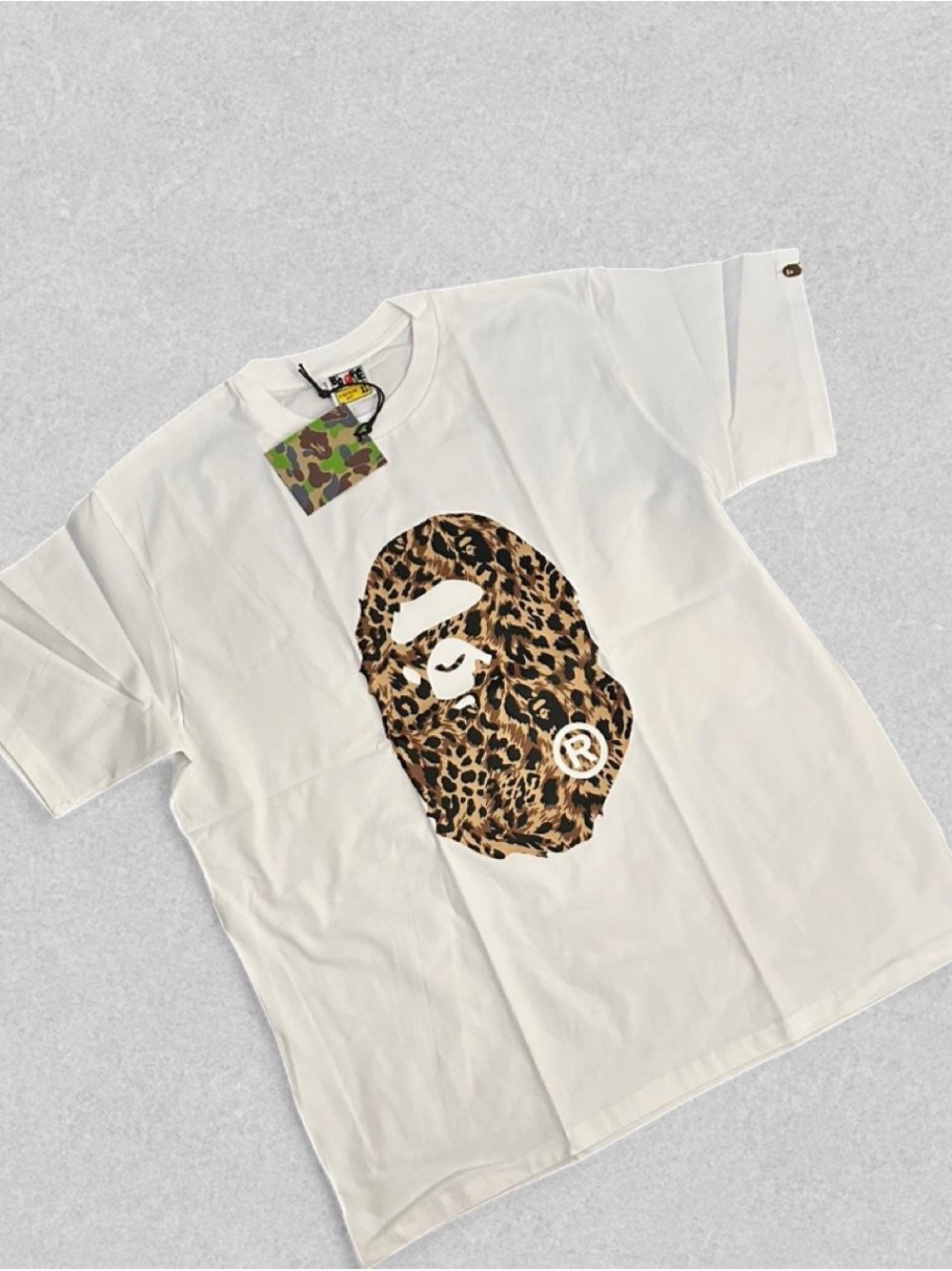 Bape White Tee with Leopard Print Ape Head